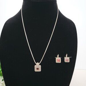 Silver and Square Garnet Necklace & Earrings